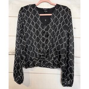 Haver London NWT Lg Blouse Black White Print Office to Night Out Chic Classic